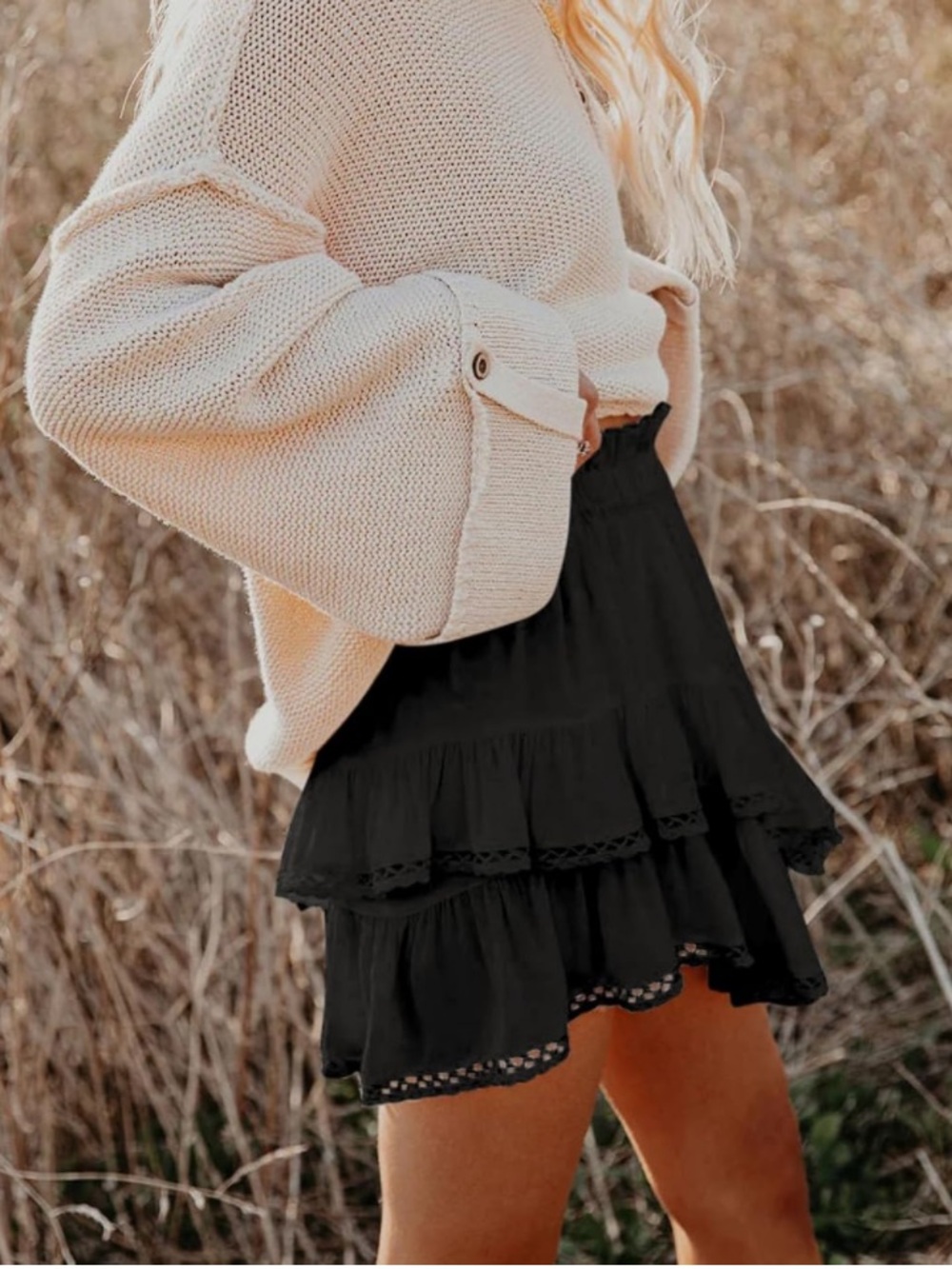 Black Tiered Ruffle Skort with Lace Trim